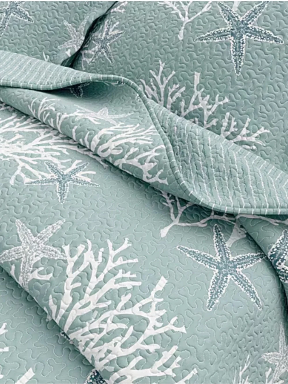 Linery King Coral Starfish Reversible Quilt Set Ether Blue 3 Piece New